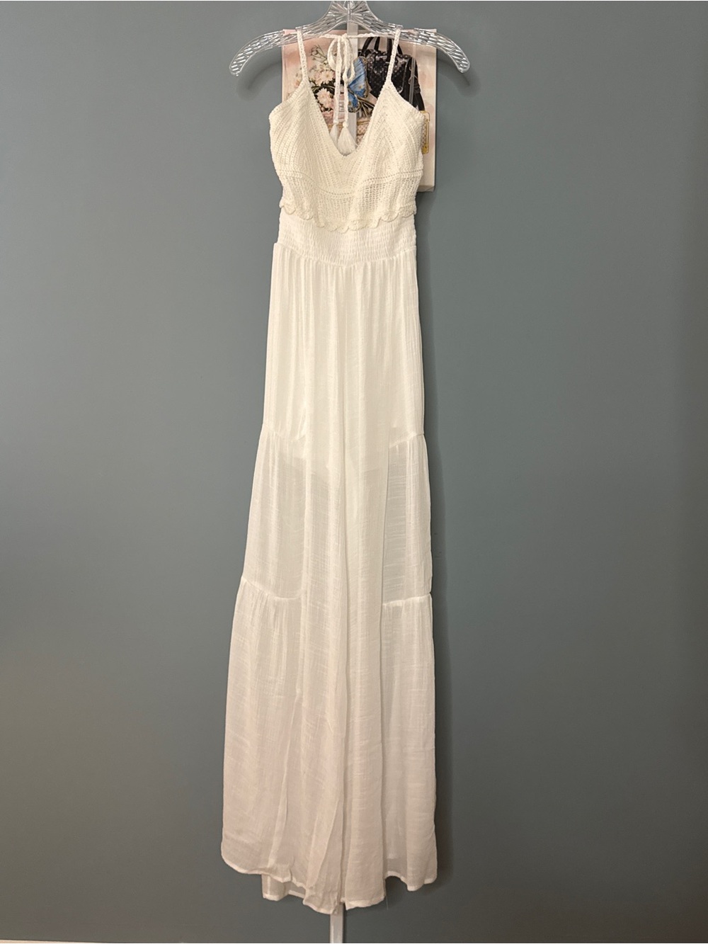 186 • White Crochet Bodice Halter Palazzo Pants Romper - Picture 2 of 11